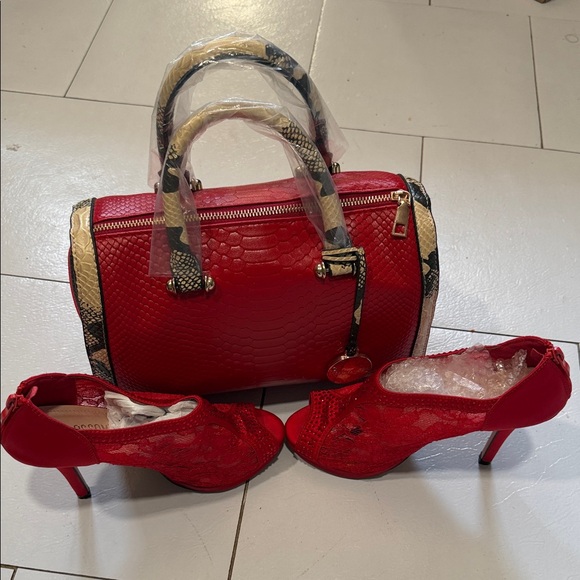 J&P Handbags - Red Croc-Embossed‎ Handbag and Lace Heels Set